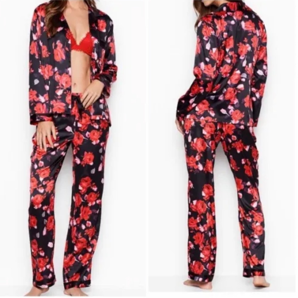 XS/S M Regular Vs Victoria’s Secret Satin Black Red pink Foral pajamas 2pc set